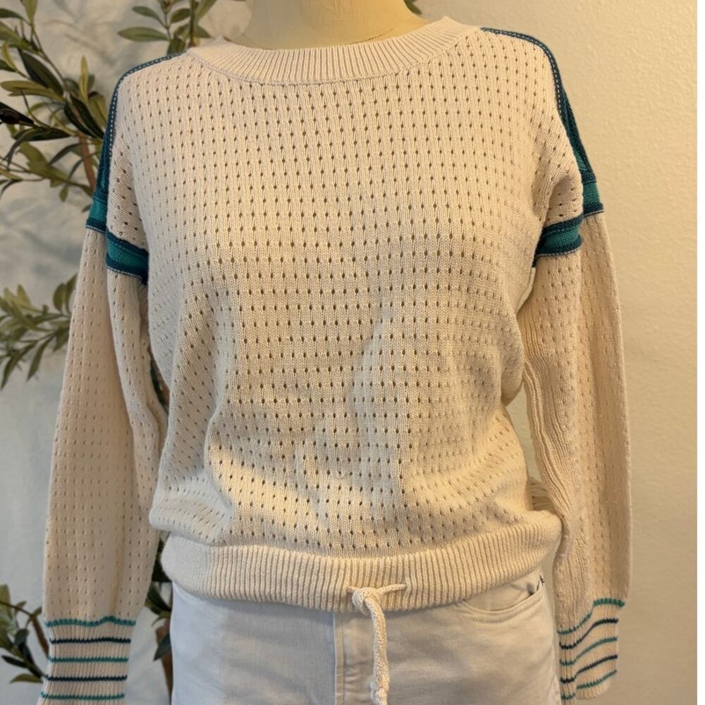 Lou & Grey Women’s XS Open Knit Drawstring Hem Sweater Ivory Teal Stripe